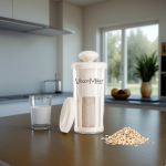 VeganMilker® CLASSIC, copos de avena y leche de avena sobre una encimera de cocina con una ventana al fondo.