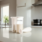 VeganMilker® CLASSIC con leche vegetal y émbolo sobre una encimera de cocina.